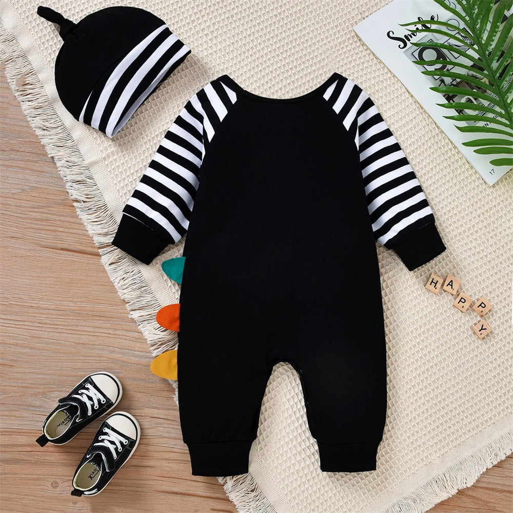 2PCS Little Monster Print Striped Long Sleeve Baby Jumpsuit