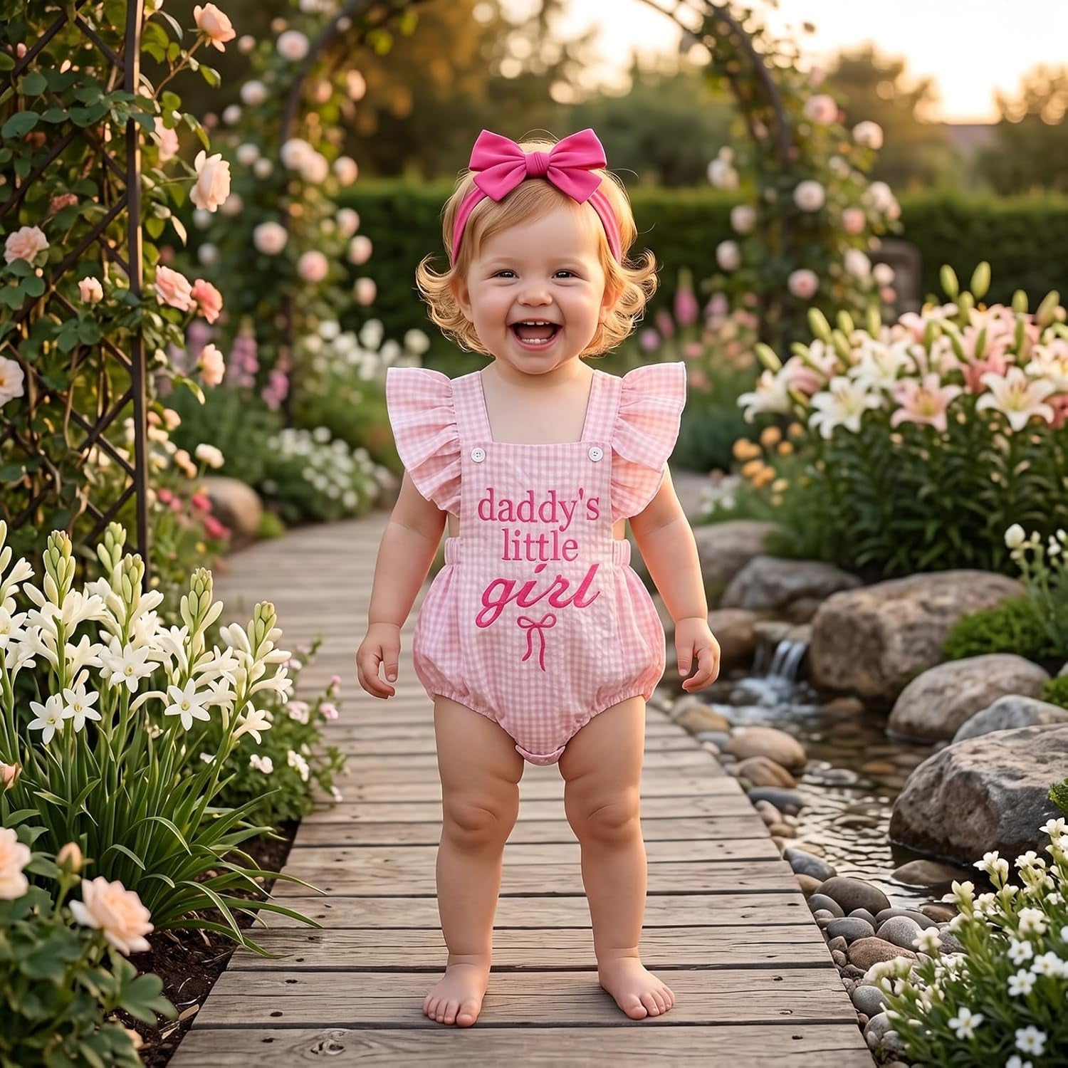 2PCS Daddy's Little Girl Letter Plaid Printed Flounce Sleeve Baby Romper