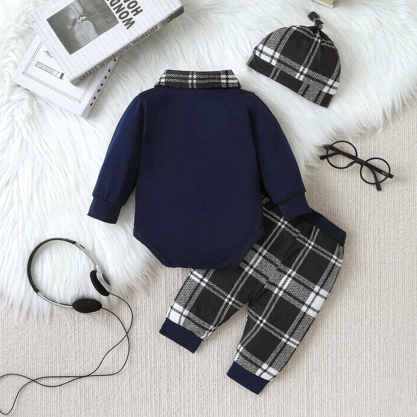3PCS Stylish Color Block Plaid Printed Long Sleeve Baby Boy Set
