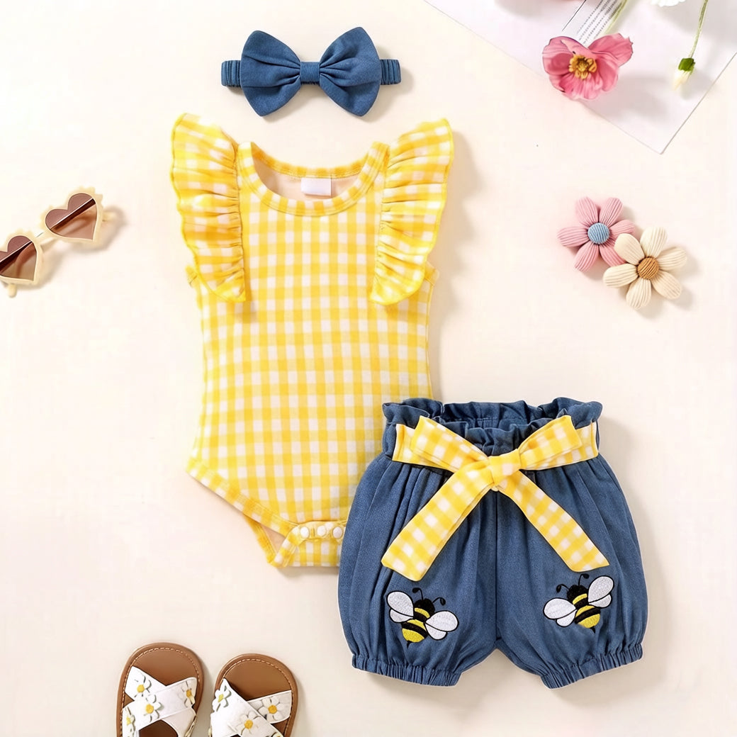 3PCS Sweet Plaid Printed Bee Appliqué Flutter Sleeve Baby Set