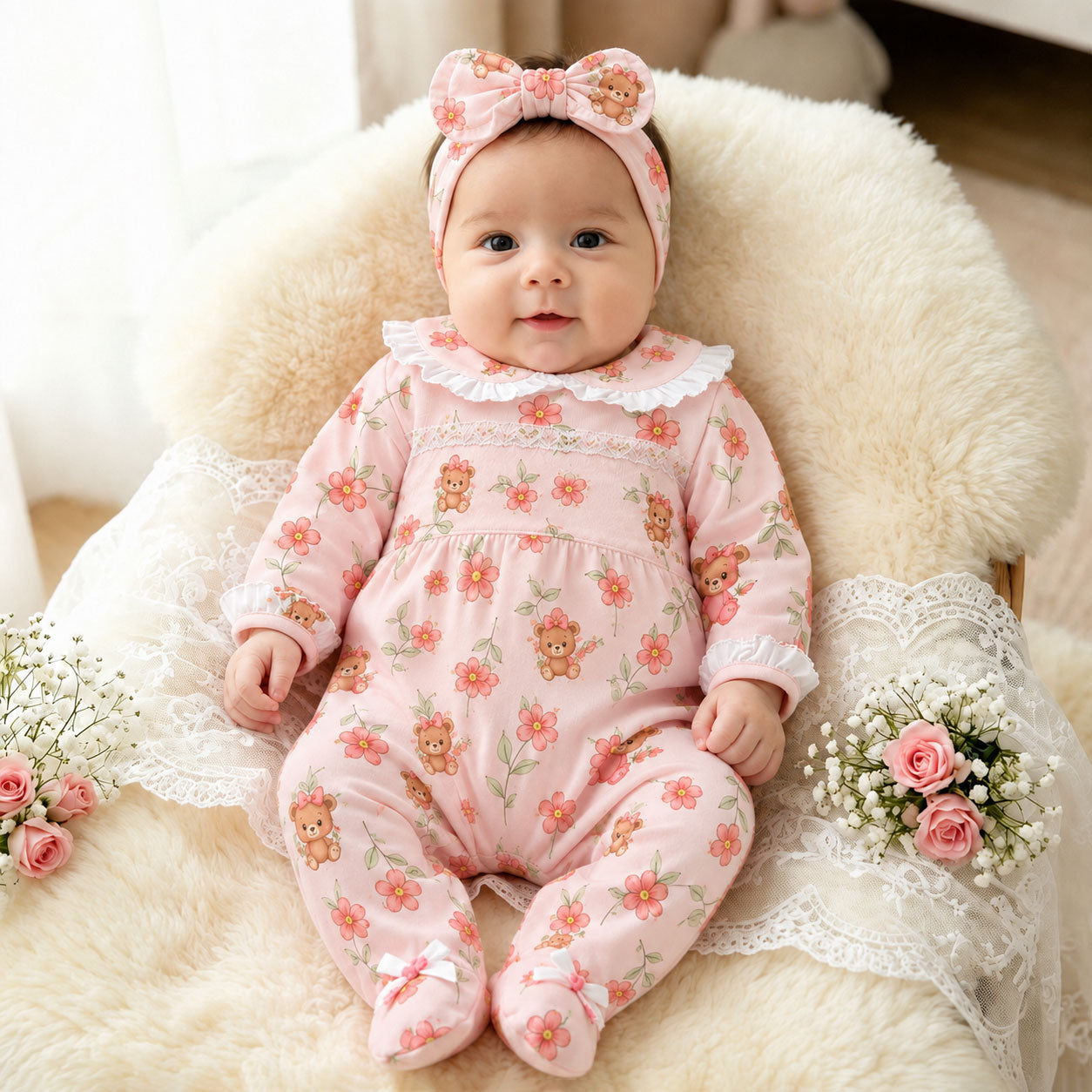 2PCS Grace Teddy Bear Floral Print Long Sleeve Baby Jumpsuit
