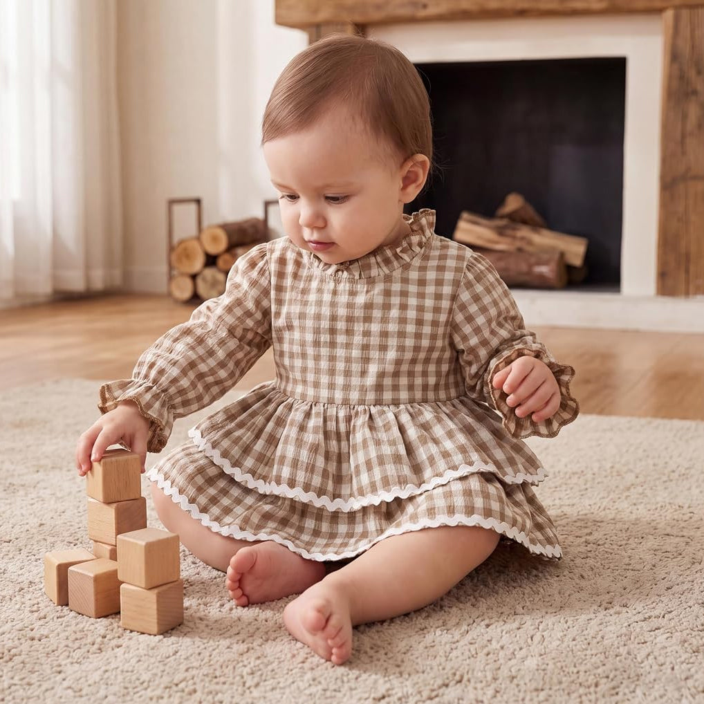 Vintage Plaid Printed Long Sleeve Baby Girl Romper