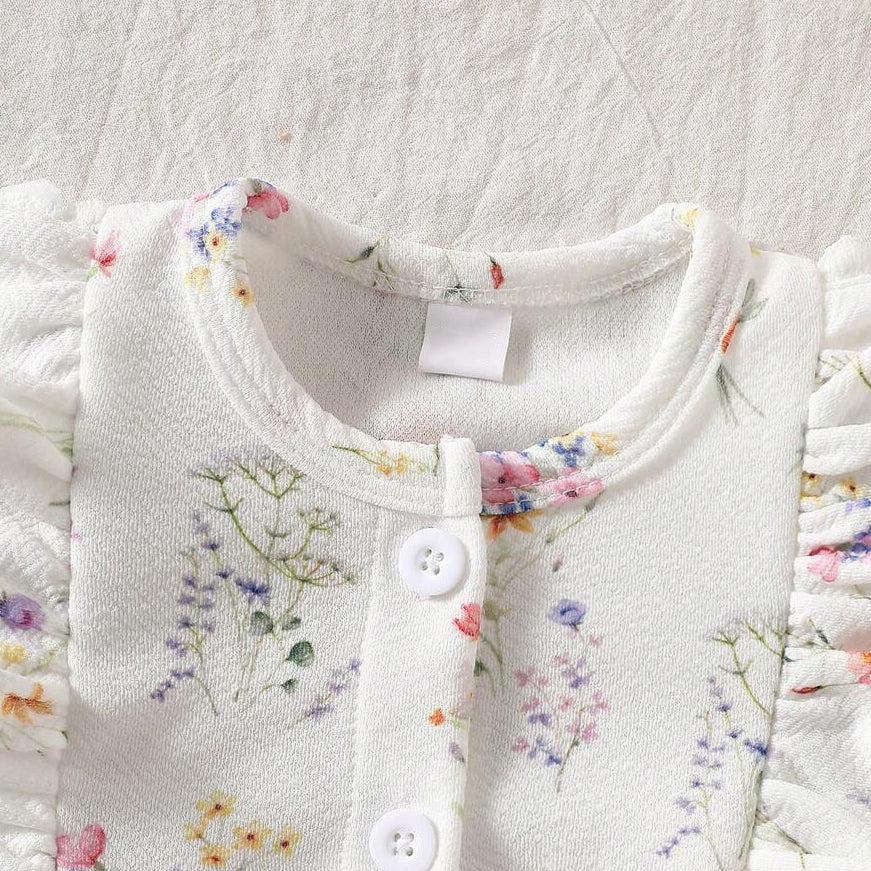 2PCS Floral Print Bow Flutter Sleeve Baby Jumpsuit