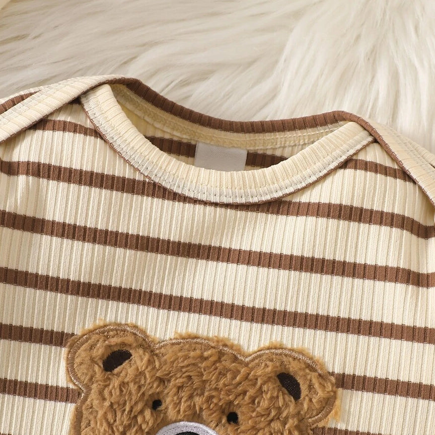2PCS Cute Bear Applique Stripe Printed Long Sleeve Baby Jumpsuit
