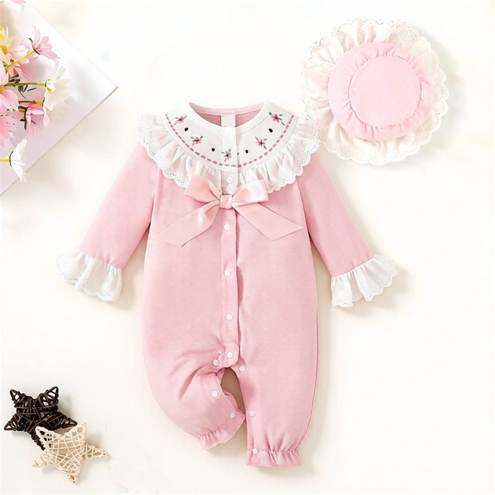 2PCS Refined Floral Embroidery Long Sleeve Baby Jumpsuit