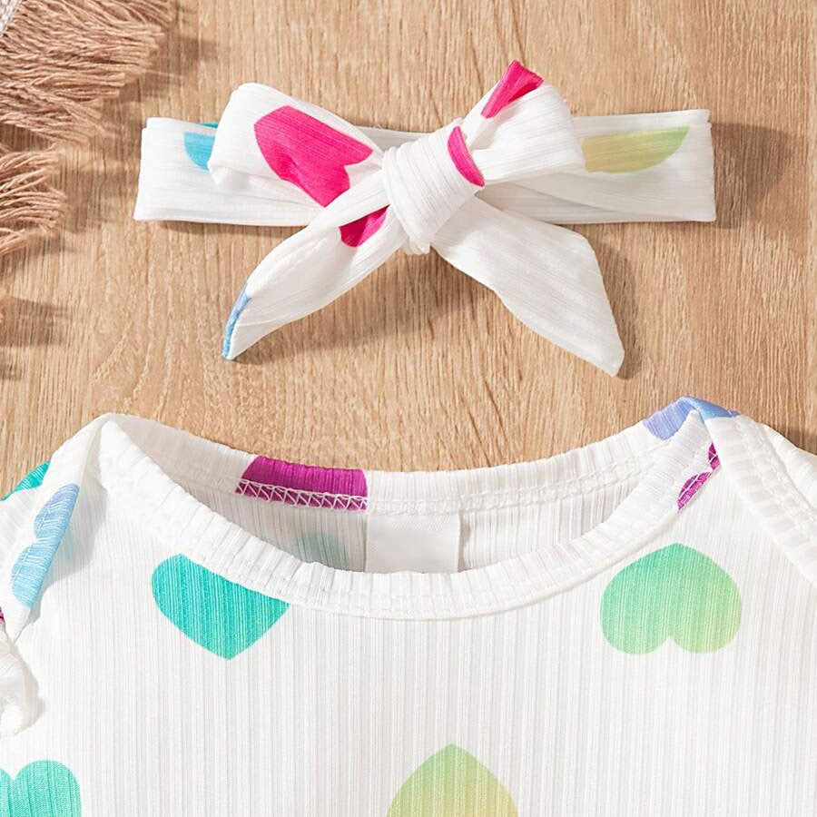 2PCS Dreamy Allover Heart Print Long Sleeve Baby Jumpsuit