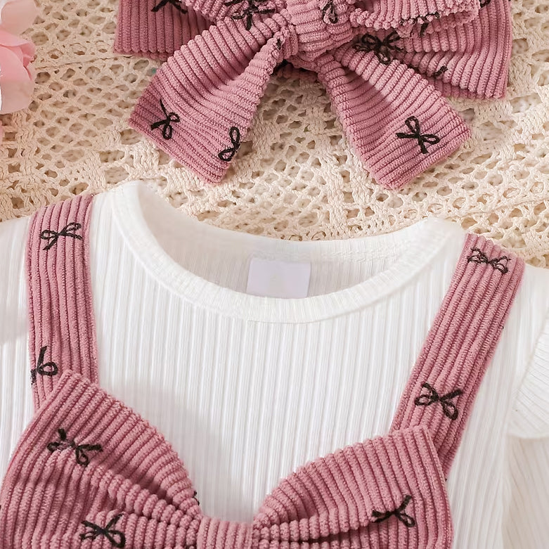 2PCS Sweet Faux Two Piece Bow Print Baby Girl Corduroy Jumpsuit