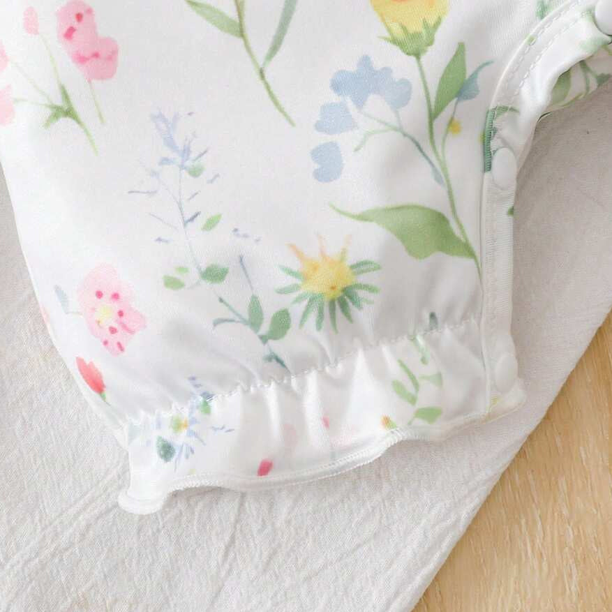 2PCS Fresh Floral & Plant Printed Short Sleeve Baby Jumpsuit