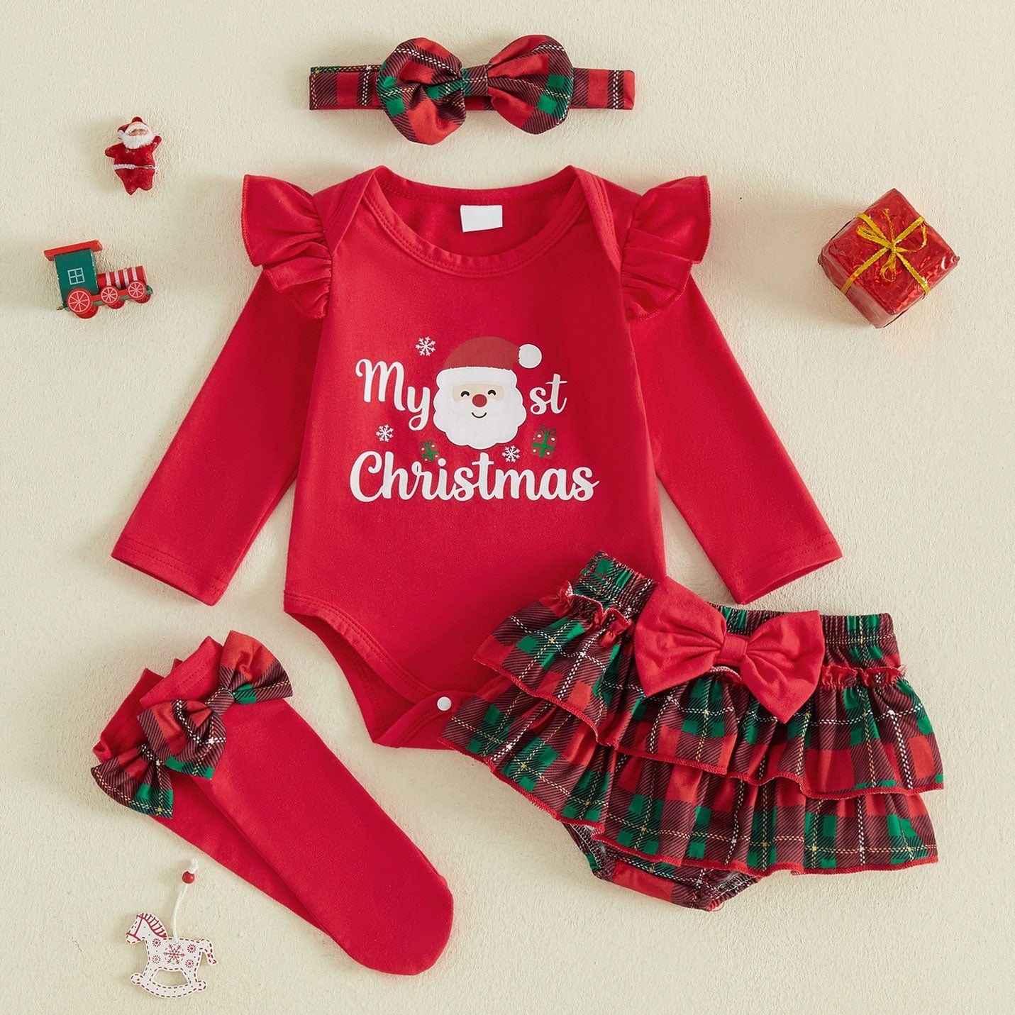 4PCS My 1st Christmas Letter Plaid Santa Claus Print Baby Set