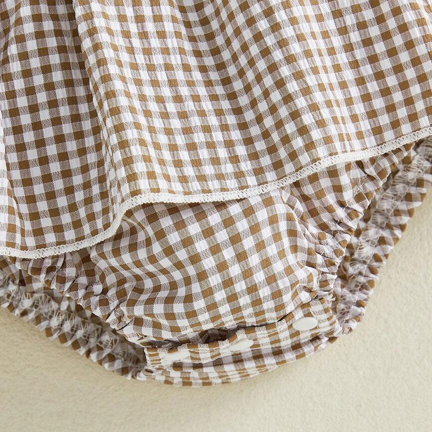 2PCS Lovely Plaid Printed Bow Embroidery Baby Romper