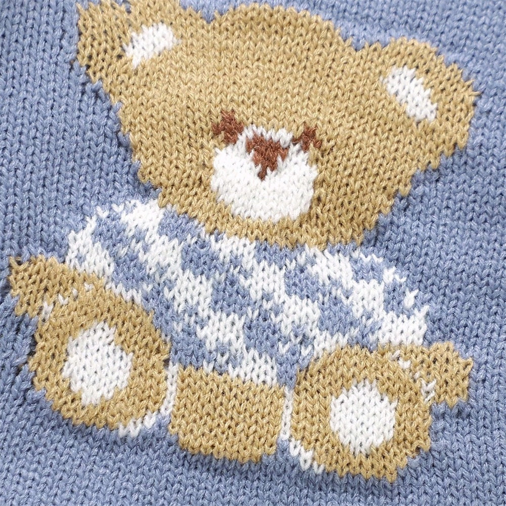 Knit Bear Plaid Printed Long Sleeve Baby Jumpsuit