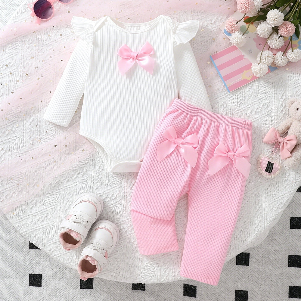 2PCS Casual Bowknot Decor Long Sleeve Baby Girl Set