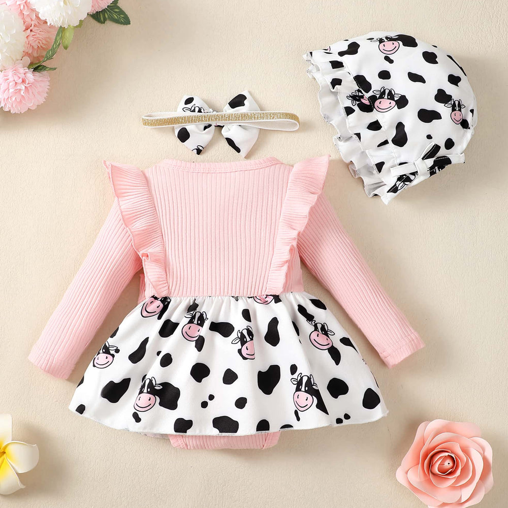 3PCS Cute Cow Print Baby Romper With Hat