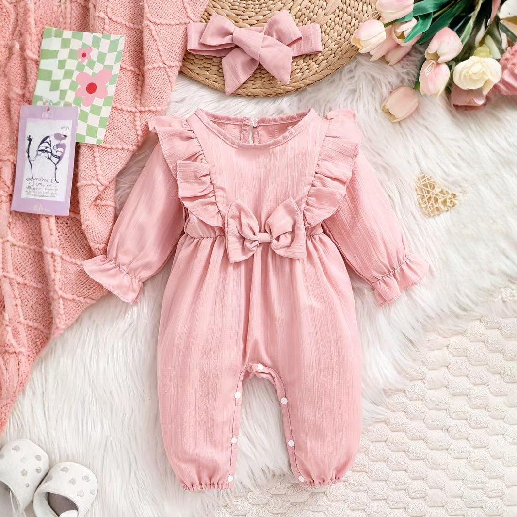 2PCS Sweet Pure Solid Color Long Sleeve Baby Jumpsuit