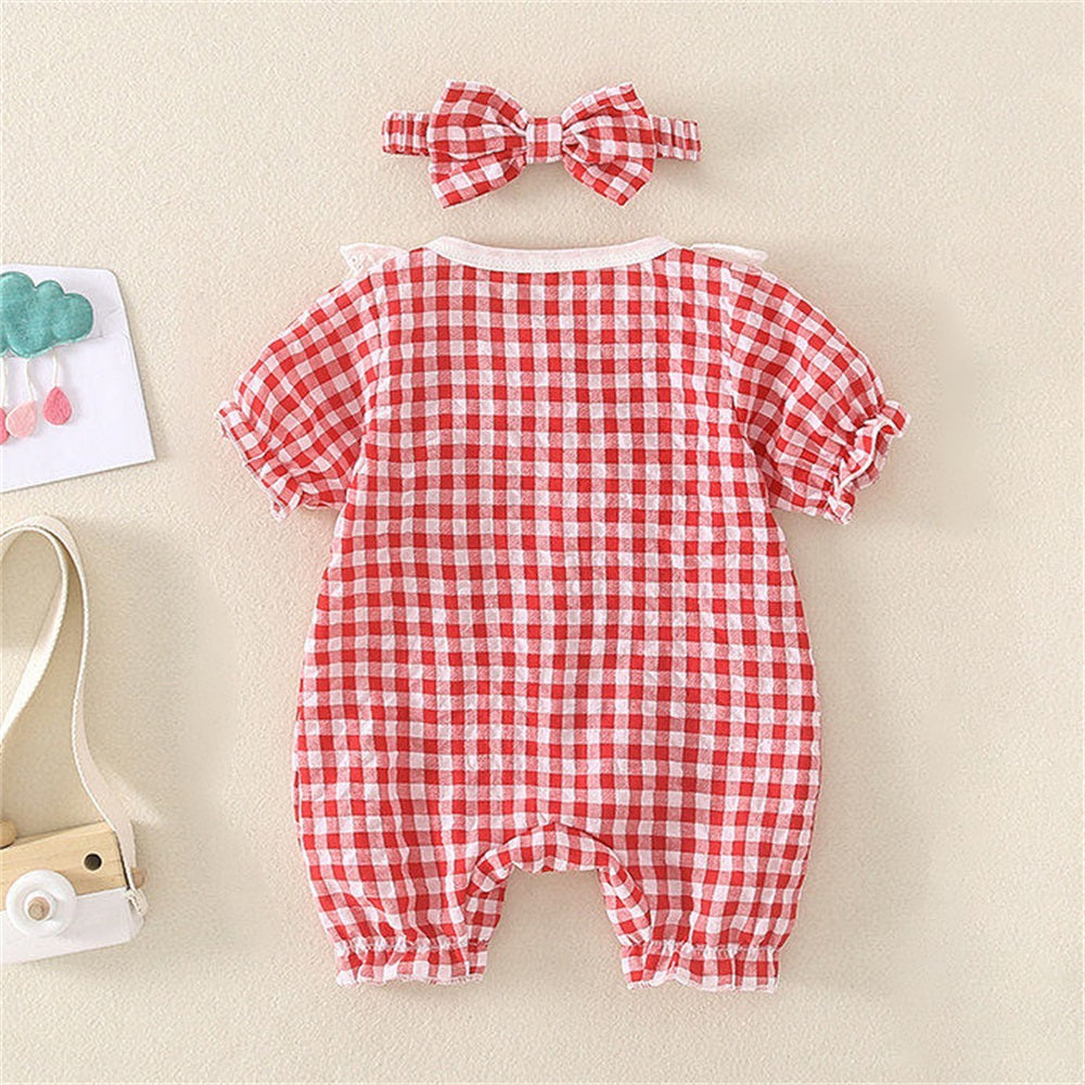 2PCS Stylish Plaid Printed Lace Trim Collar Short Sleeve Baby Jumpsuit