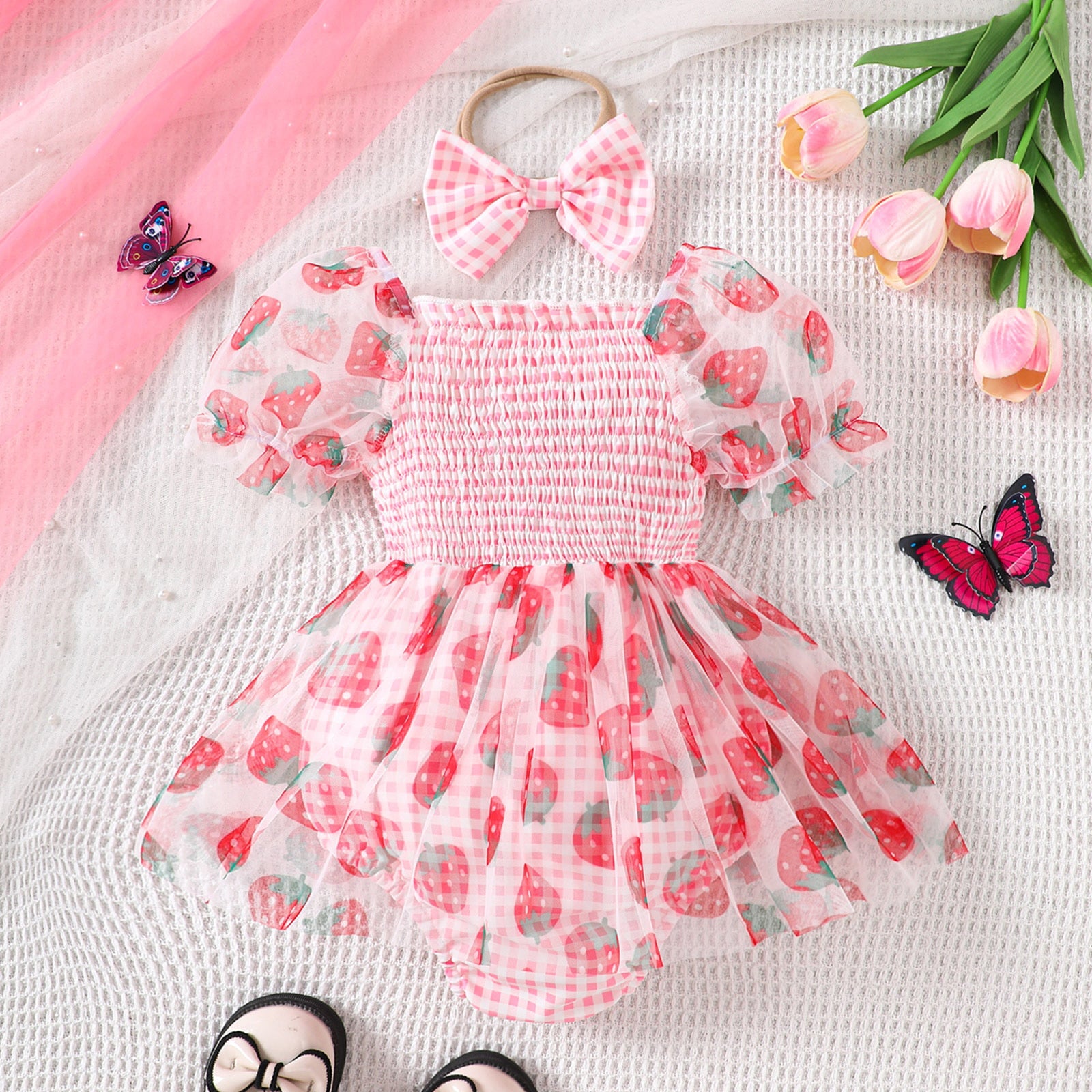 2PCS Floral Strawberry Printed Short Sleeve Baby Romper