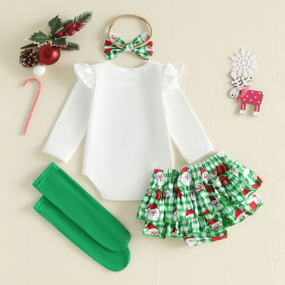 4PCS My First Christmas Letter Plaid Santa Claus Print Baby Set