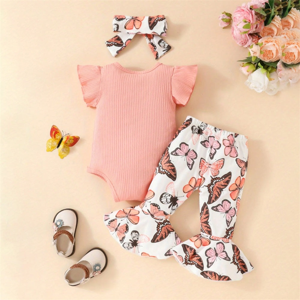 3PCS Little Lady Letter Butterfly Printed Fly Sleeve Baby Set