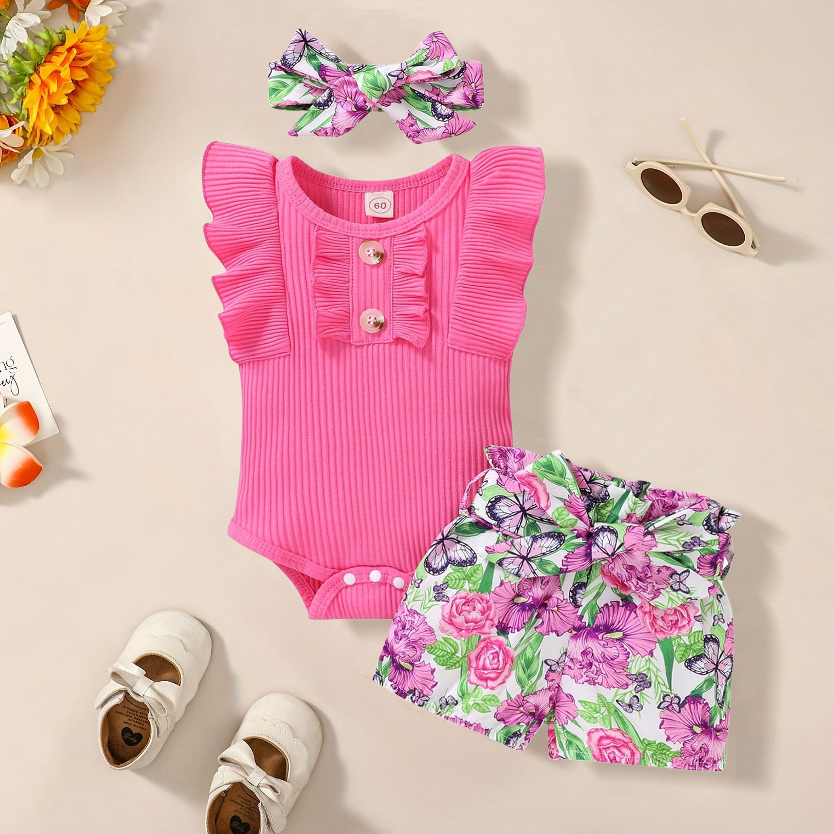 3PCS Fashionable Floral Printed Sleeveless Baby Set