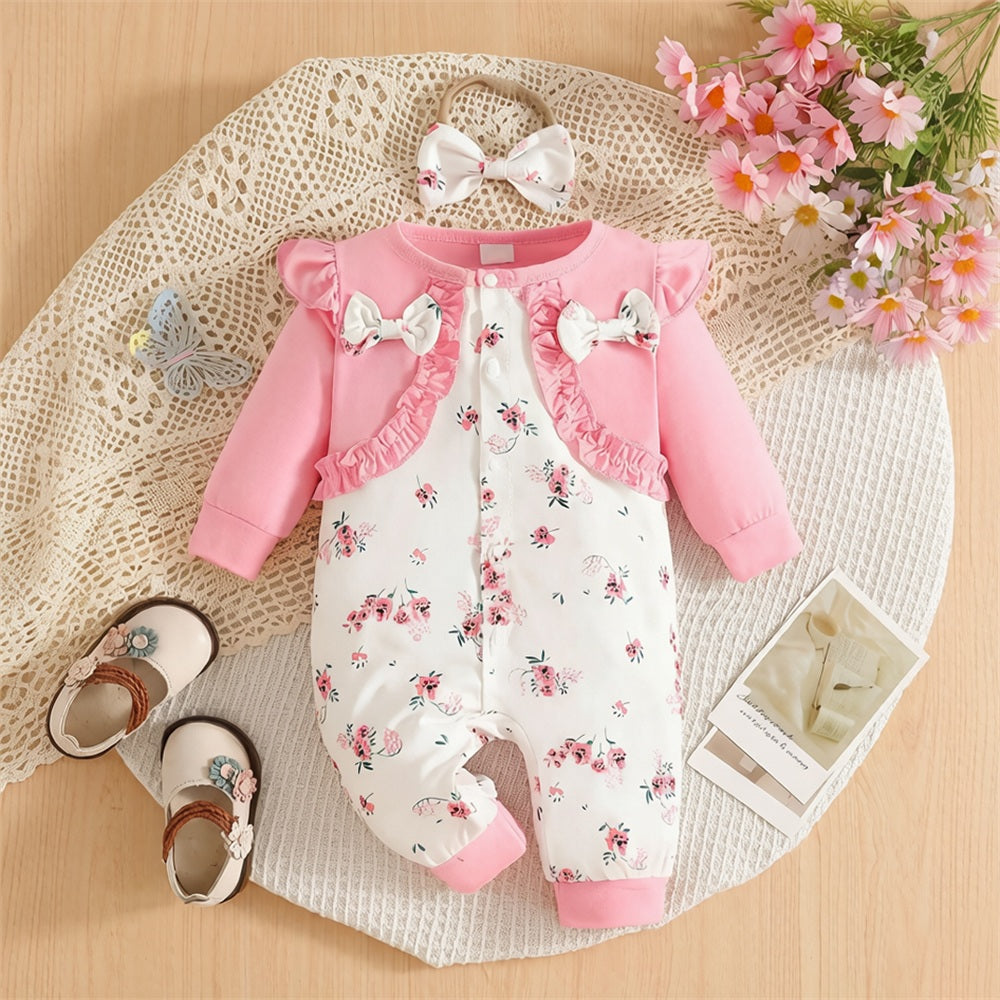 2PCS Elegant Floral Print Ruffle Long Sleeve Baby Jumpsuit