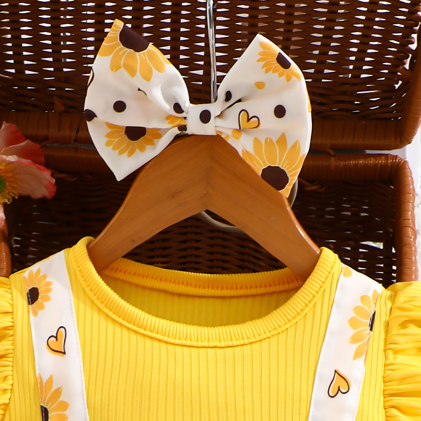 2PCS Cute Sunflower Print Flutter Sleeve Baby Romper
