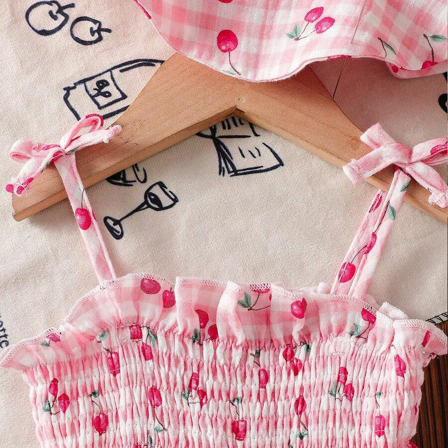 2PCS Lovely Cherry & Plaid Print Sleeveless Baby Romper