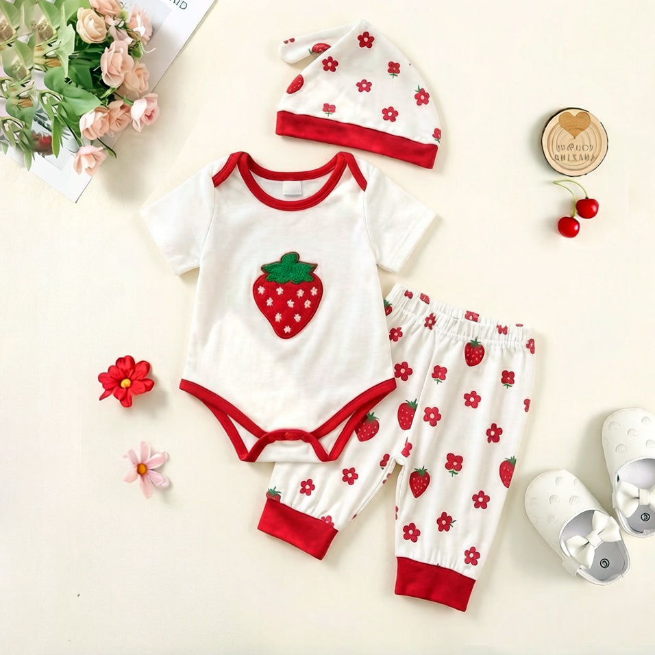 3PCS Vibrant Strawberry & Floral Print Short Sleeve Baby Set
