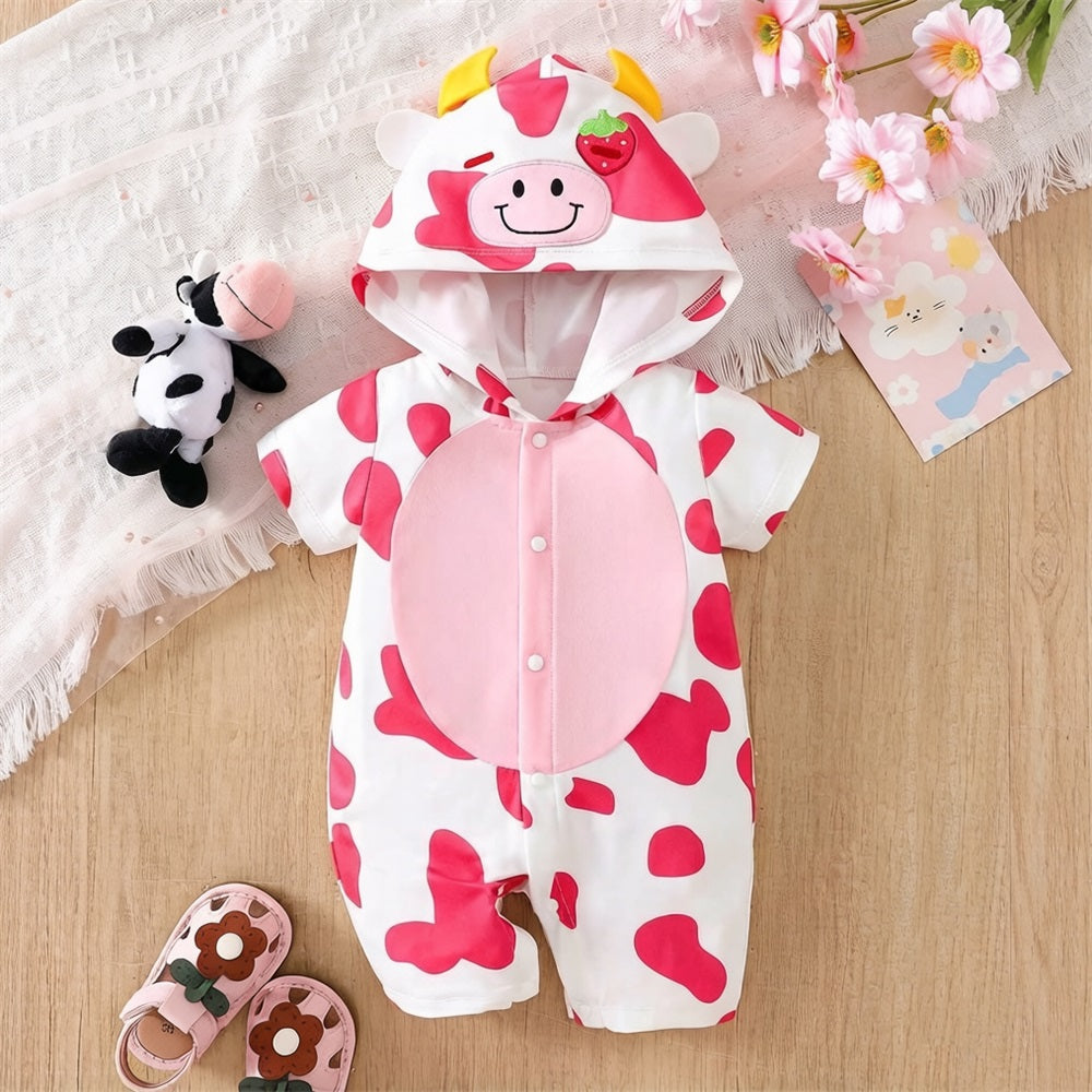 Cute Cow Printed Short Sleeve Baby Hooded Jumpsuit