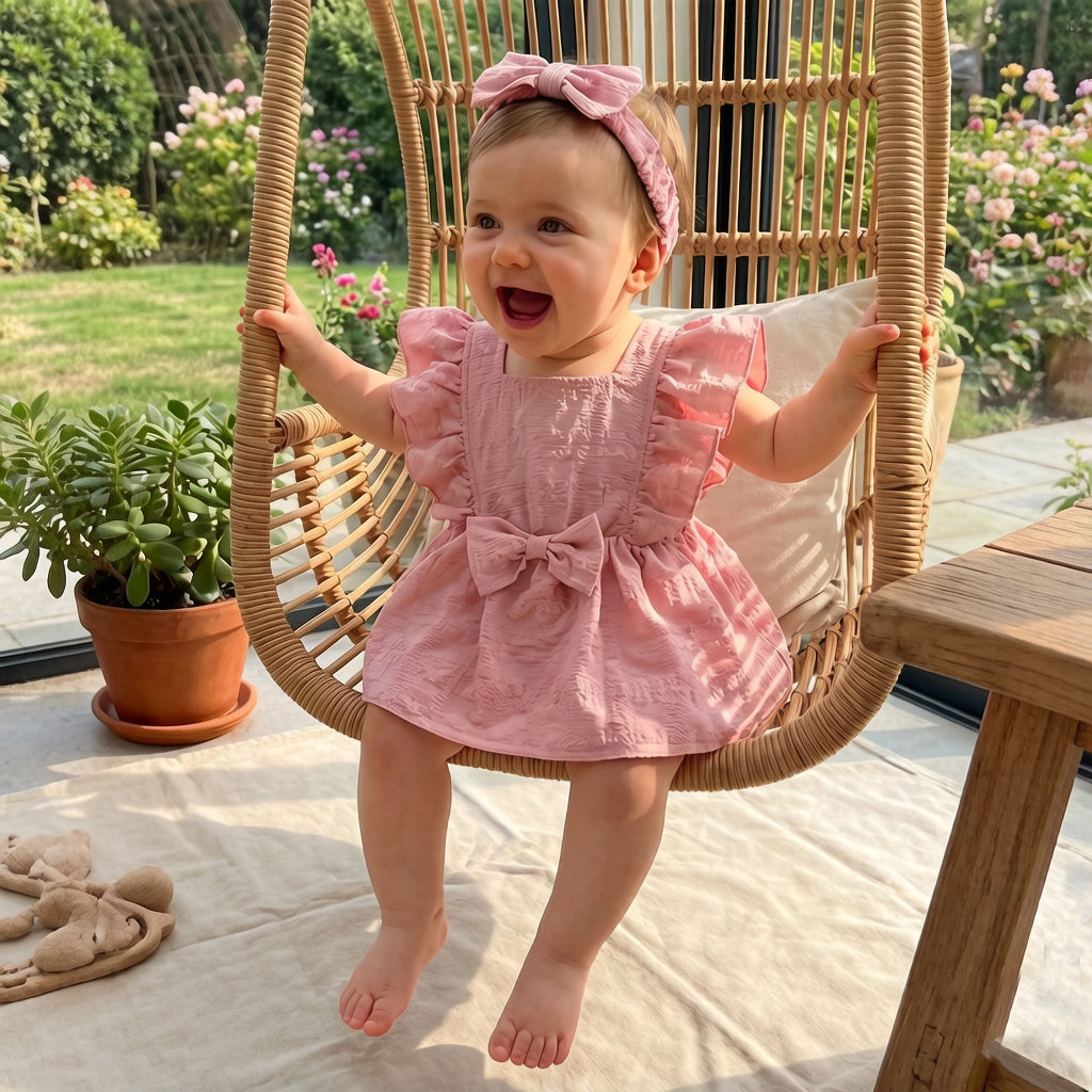 2PCS Cozy Solid Color Bowknot Flutter Sleeve Baby Romper