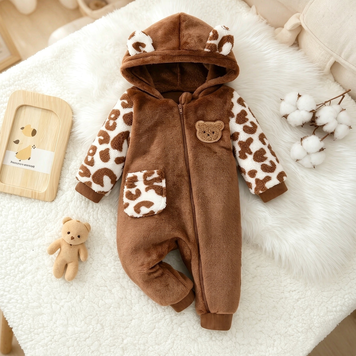 Fuzzy Bear Applique Leopard Print Zipper Baby Hoodie Jumpsuit