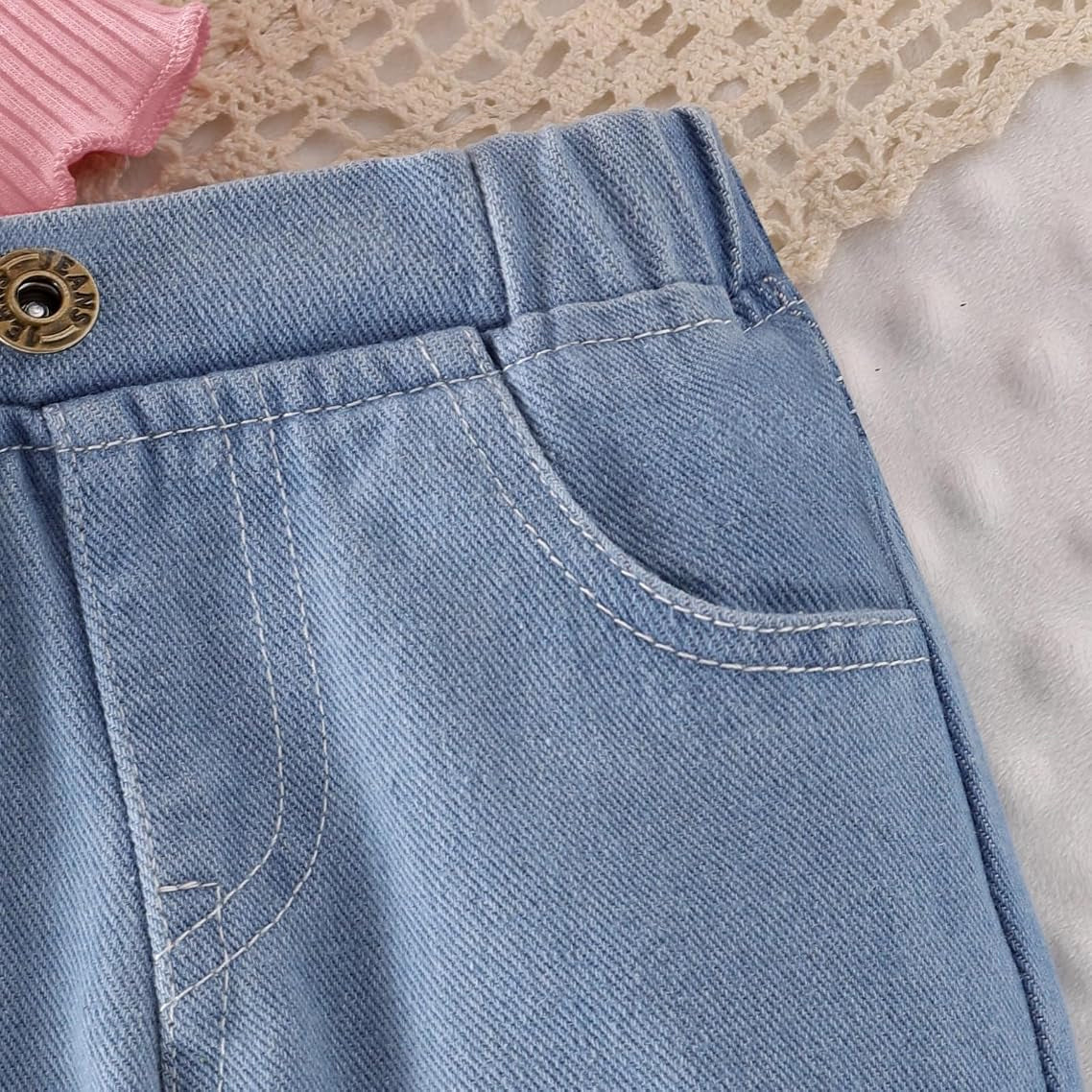 2PCS Charming Baby Girl Lace Eyelet Long Sleeve Denim Set