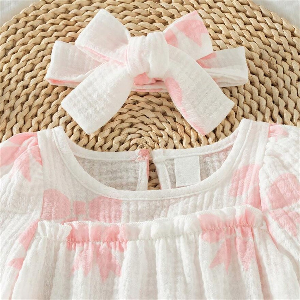 3PCS Refined Bow Printed Long Sleeve Baby Girl Romper