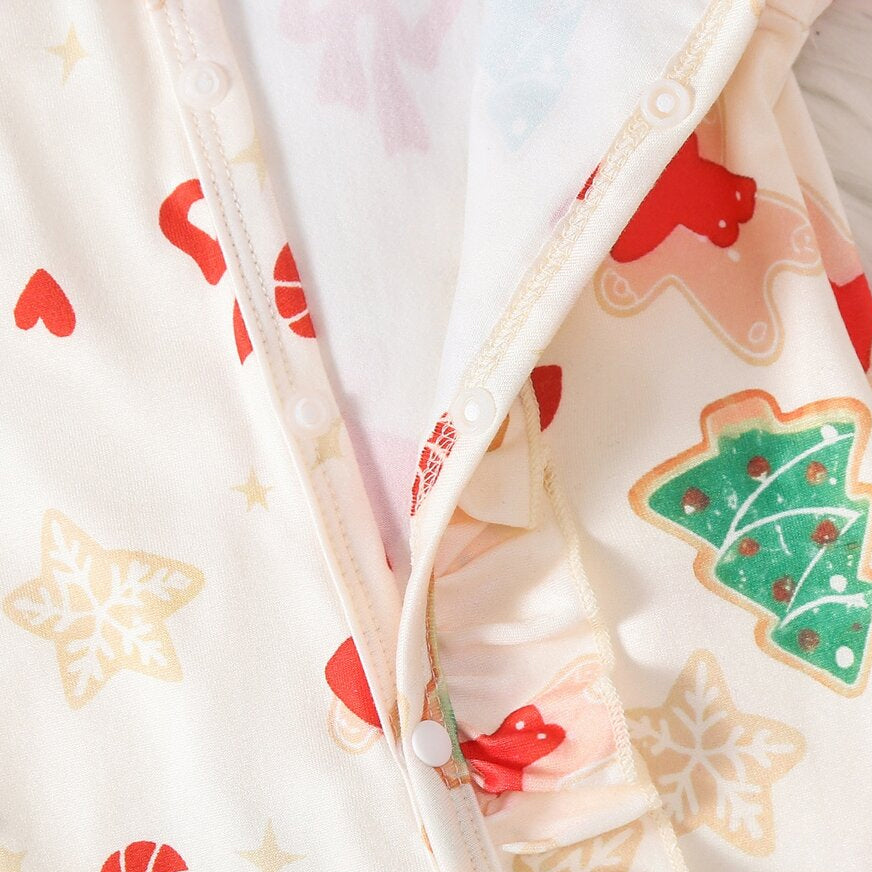 2PCS Gingerbread Man Bow Print Long Sleeve Christmas Baby Girl Jumpsuit