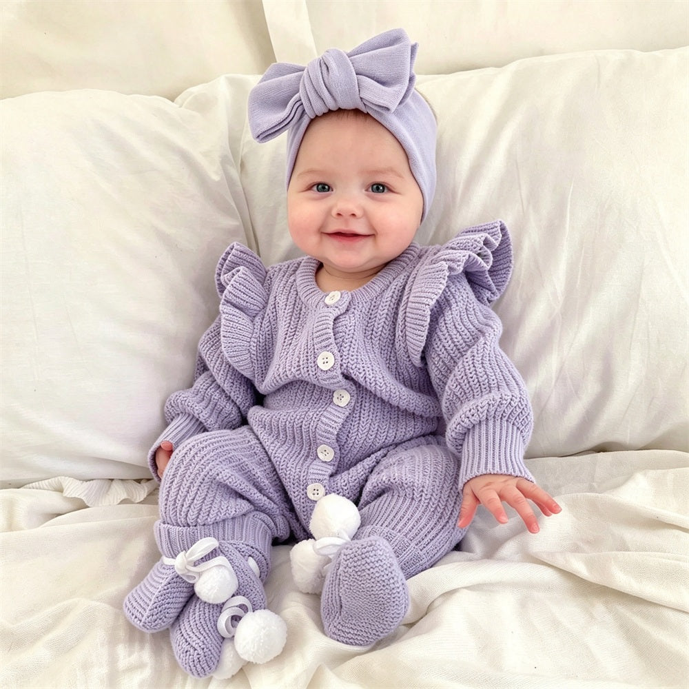 Adorable Knit Solid Color Long Sleeve Baby Jumpsuit