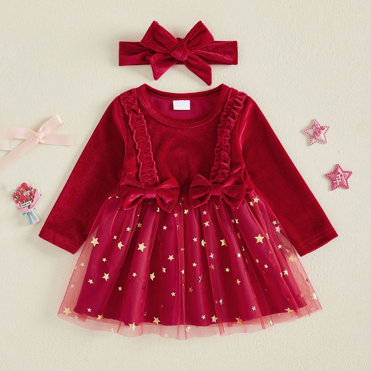 2PCS Christmas Star Printed Long Sleeve Velvet Baby Dress