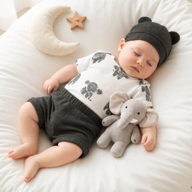 3PCS Casual Elephant Print Short Sleeve Baby Boy Set