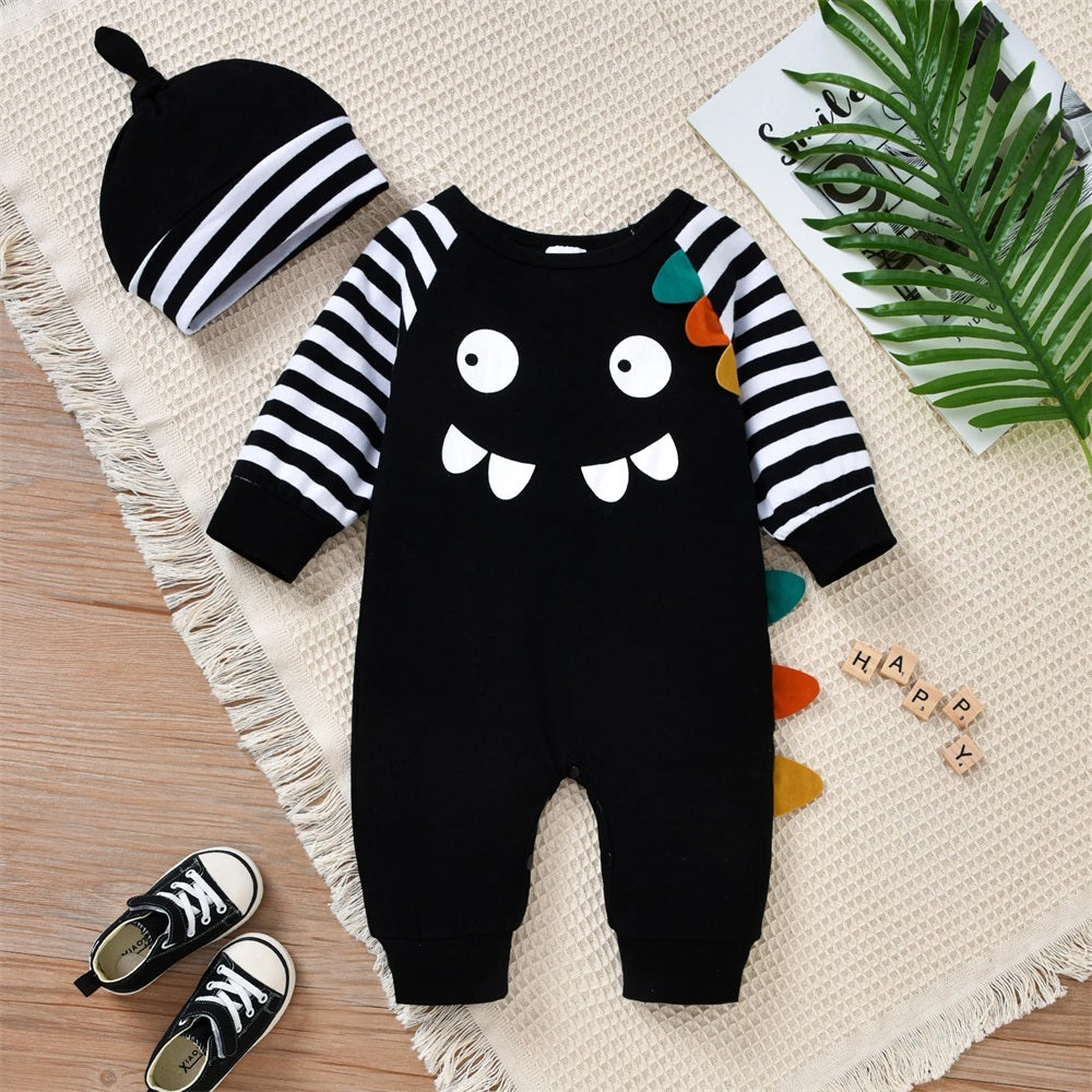 2PCS Little Monster Print Striped Long Sleeve Baby Jumpsuit
