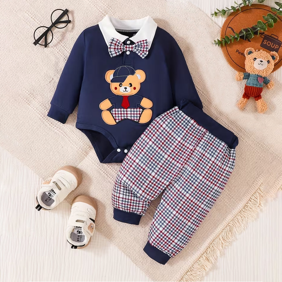 2PCS Bear Embroidery Houndstooth Printed Long Sleeve Baby Set