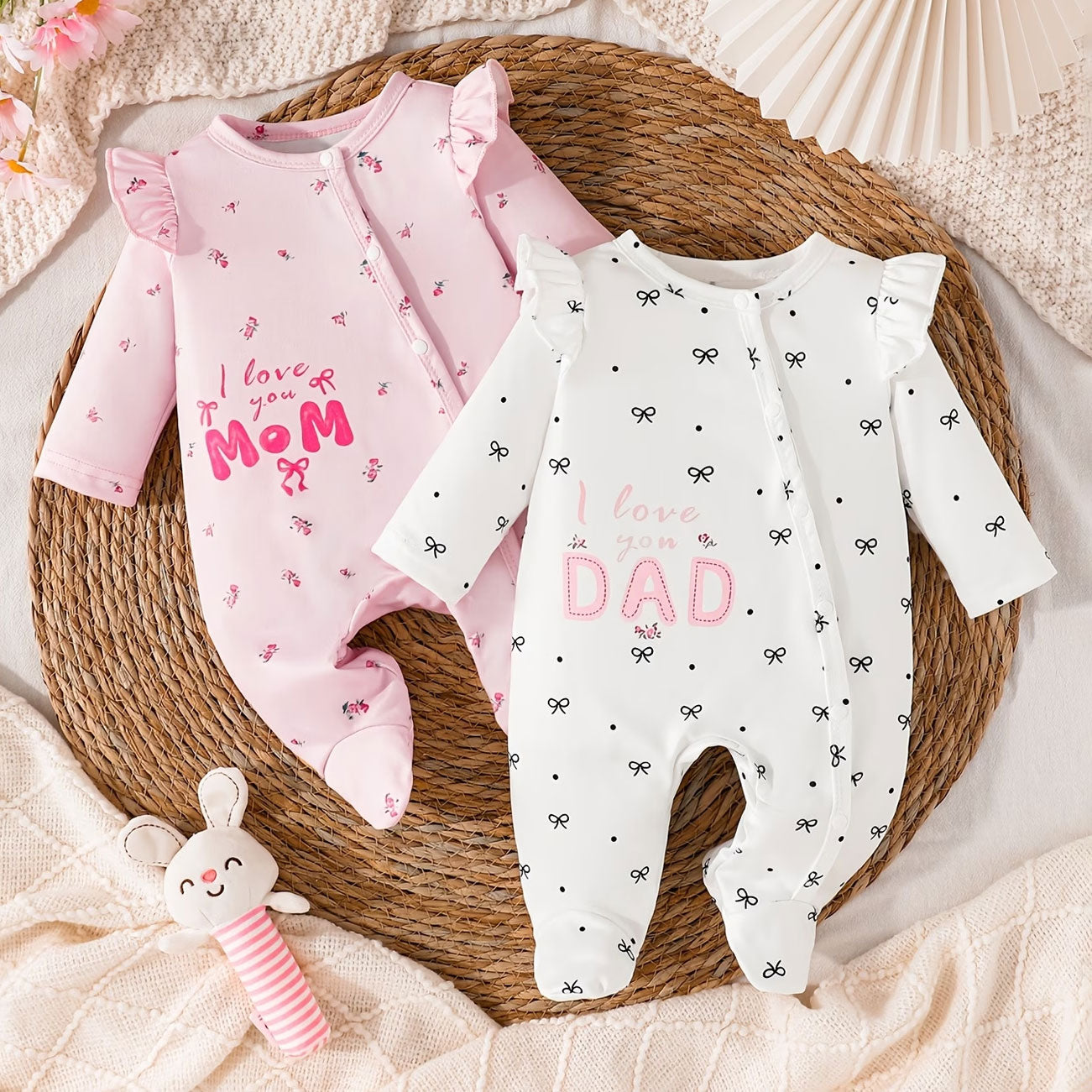 2PCS I Love You Mom Dad Letter Bow Printed Long Sleeve Baby Jumpsuit