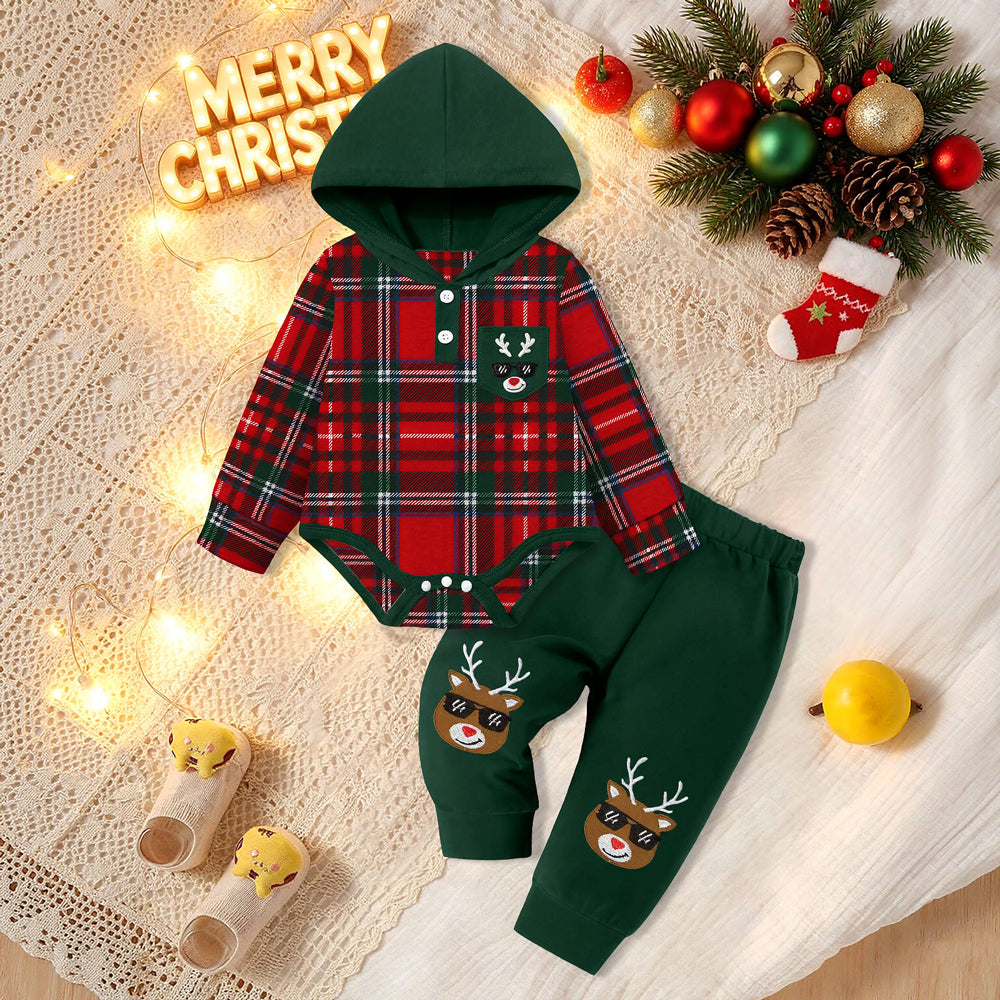 2PCS Baby Boy Embroidered Reindeer Plaid Print Hoodie Set