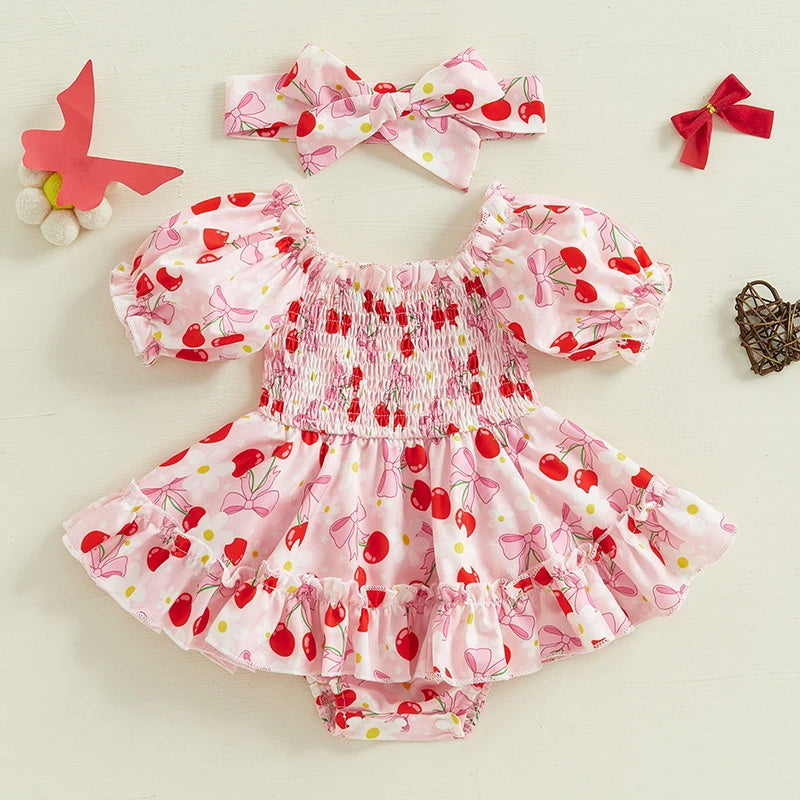 2PCS Cute Bowknot Cherry Printed Short Sleeve Baby Romper