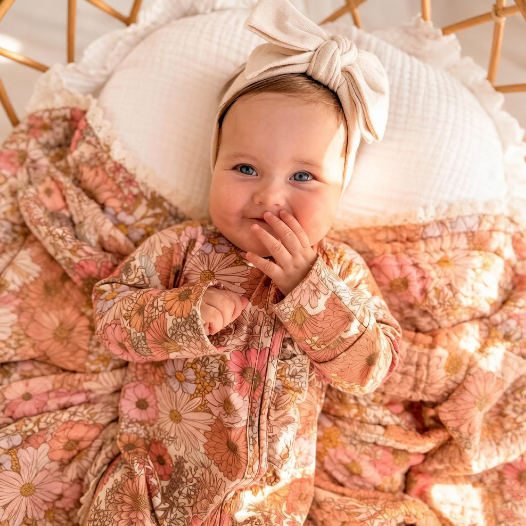 Allover Cheerful Floral Printed Zipper Baby Jumpsuit