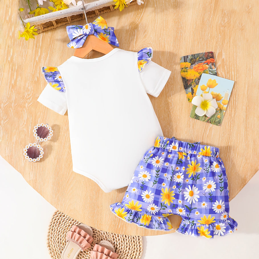 3PCS Miss Awesome Letter Daisy & Plaid Print Short Sleeve Baby Set