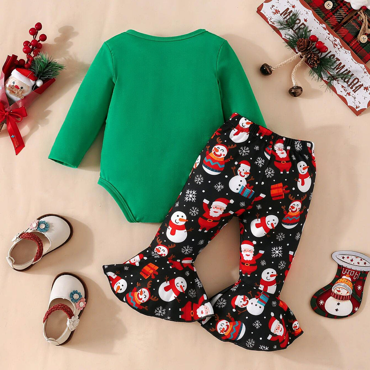 2PCS Pretty My 1st Christmas Letter Santa Claus Print Baby Girl Set