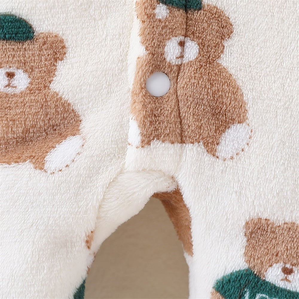 Plush Bear Print Long Sleeve Plush Hooded Jumpsuit