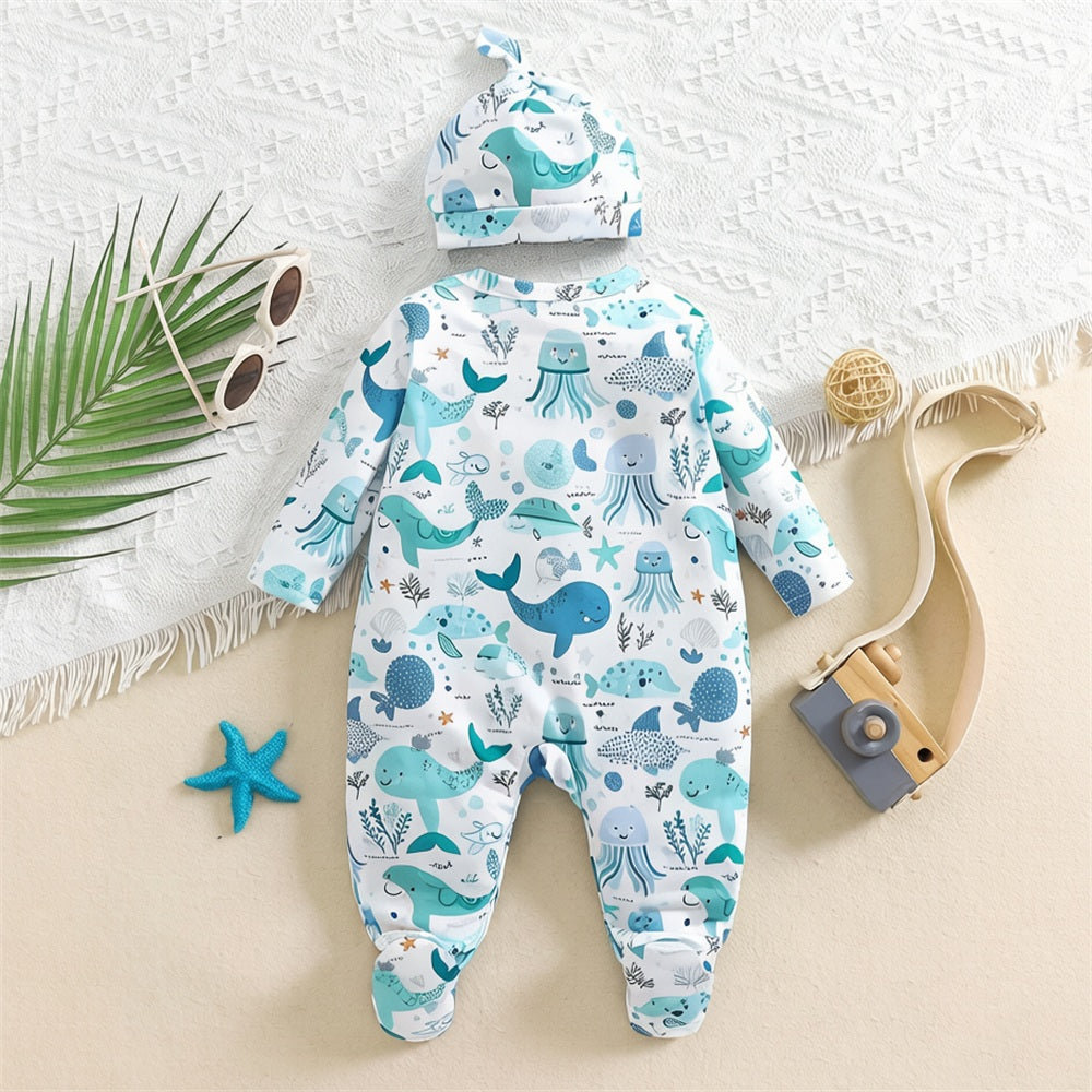 2PCS Cute Sea Animals Printed Long Sleeve Baby Jumpsuit