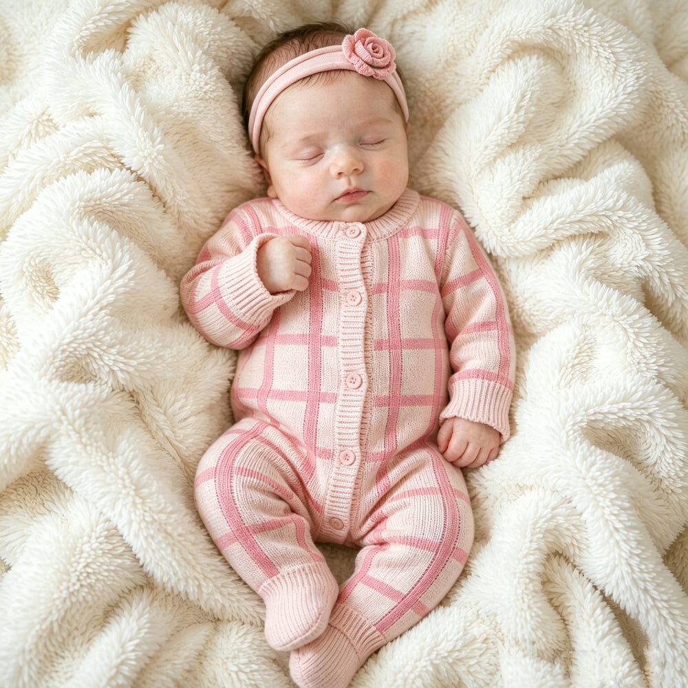 Sweet Plaid Printed Knit Long Sleeve Baby Girl Jumpsuit