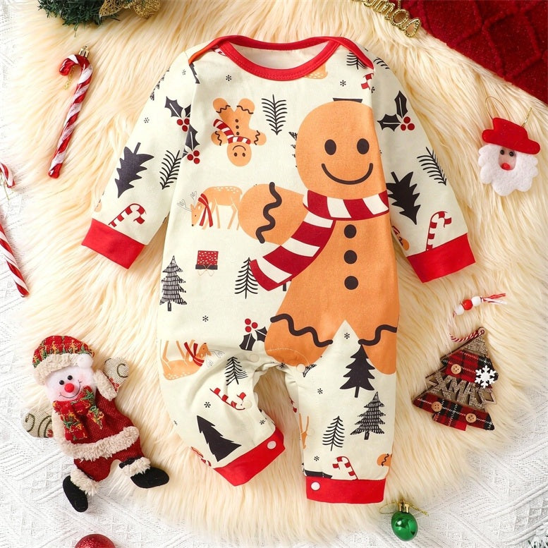 Endearing Christmas Gingerbread Print Long Sleeve Baby Jumpsuit