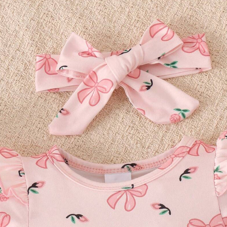 3PCS Chic Bow & Floral Print Short Sleeve Baby Girl Set