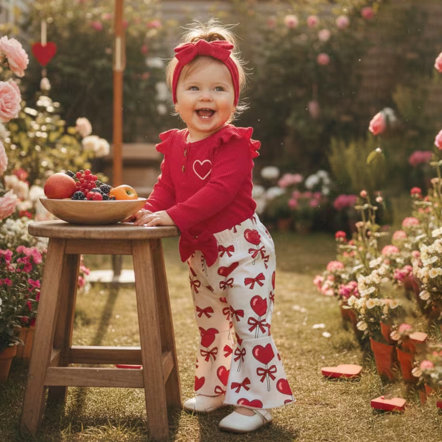 3PCS Grace Bow Heart Print Baby Set